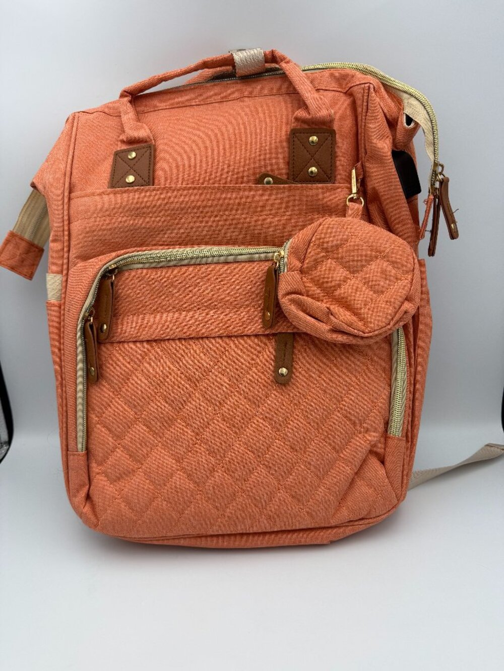 Peach Orange Quilted Travel Laptop Backpack with Coin Purse & USB Cable